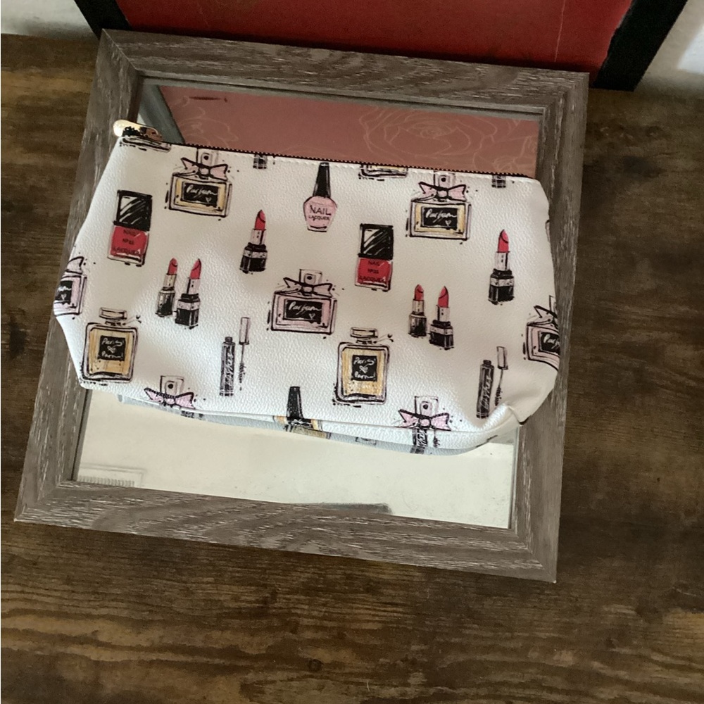 White Cosmetic Pouch with Makeup Print